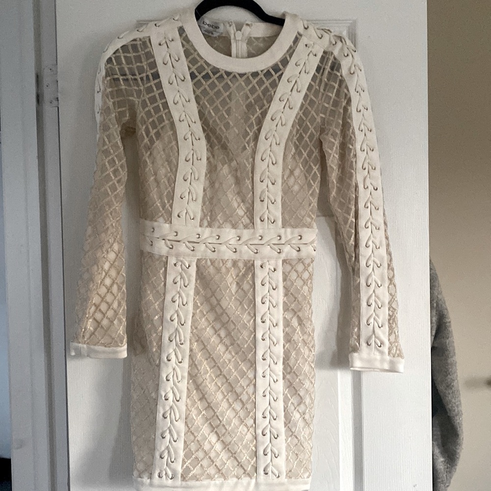 New with tags Bebe gold cream mesh laceup dress bodycon size medium